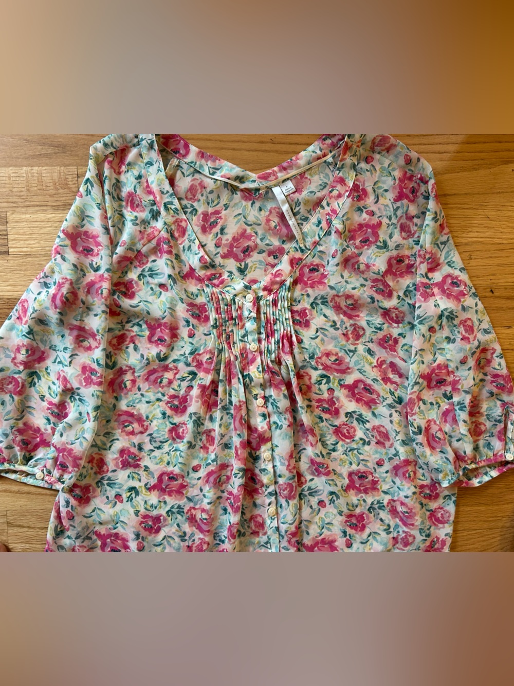 LC Lauren Conrad Pink and Cream Floral V-Neck Blouse